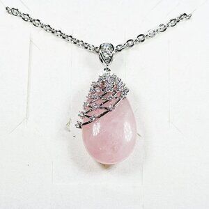 Rose Quartz & White Zircon pendant necklace 18-20 in adj in 316 stainless 23 ct